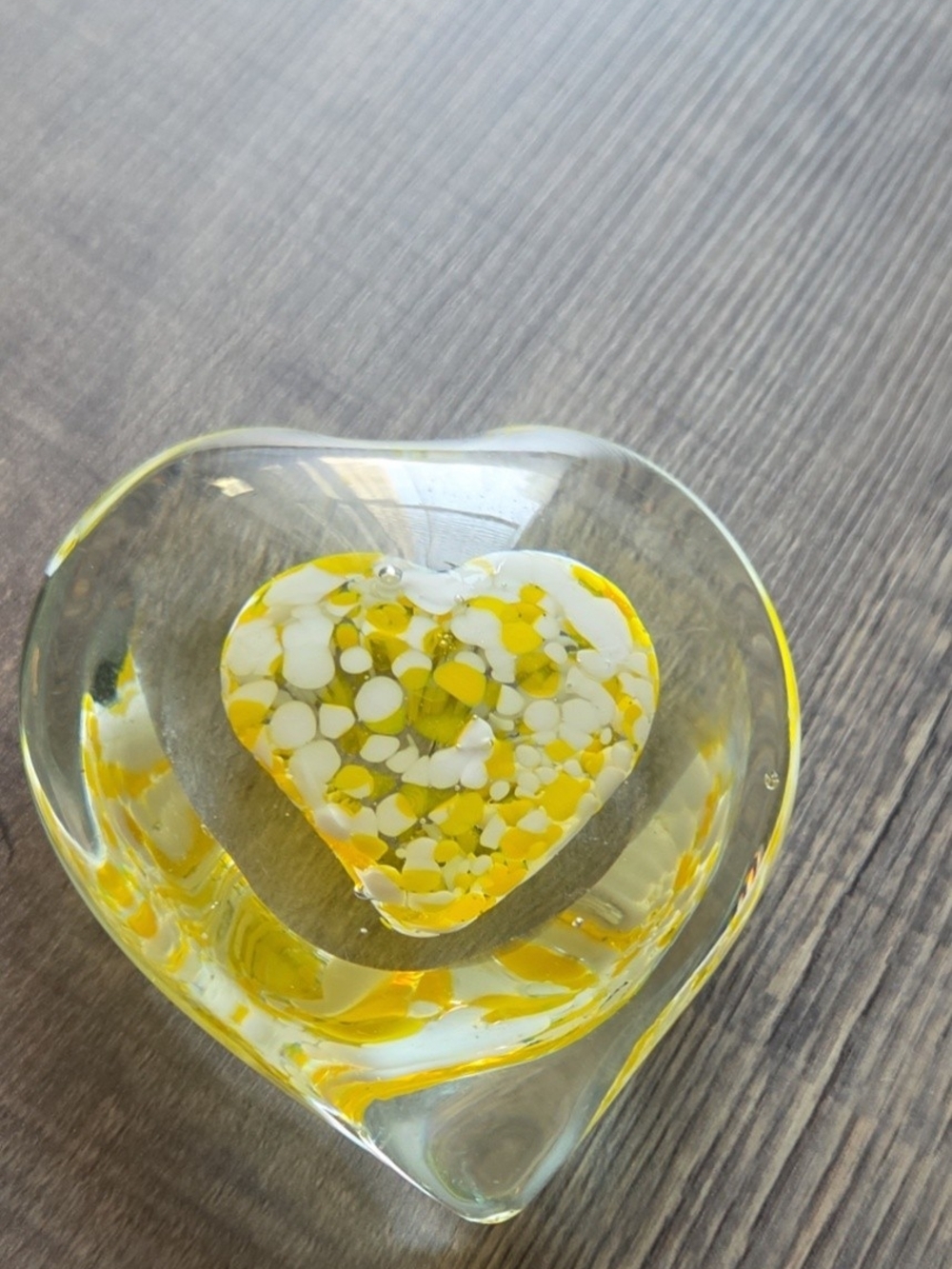 Handblown Yellow and White Heart Glass Paperweight - Home Accents